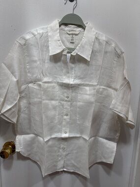 H&M White Short-Sleeve Linen Button-Down Shirt